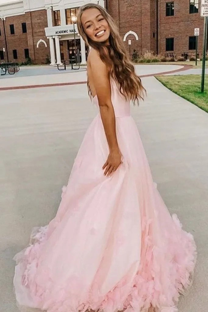A Line Pink 3D Flowers Tulle Long Prom Dress with Straps Formal Evening Dress OK1257