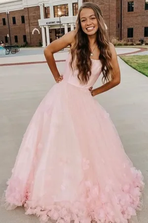 A Line Pink 3D Flowers Tulle Long Prom Dress with Straps Formal Evening Dress OK1257