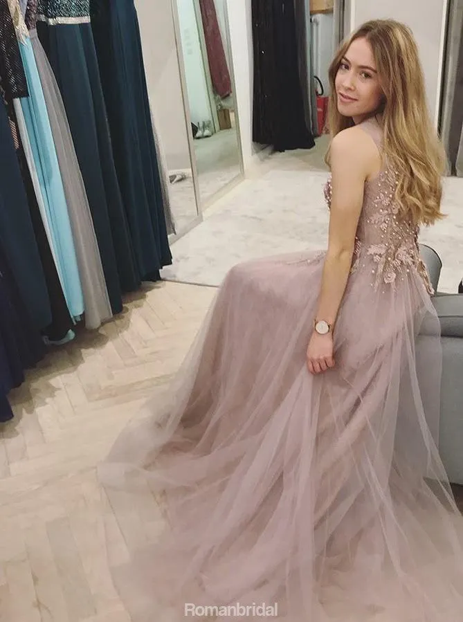 A-Line Round Neck Beading Appliques Top Long Tulle Prom Dress, PD0138