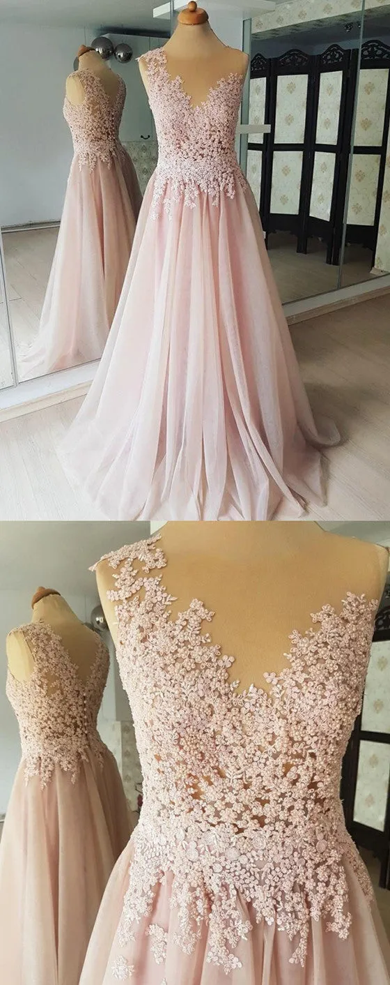 A-line Round Neck Sleeveless Lace Appliques Beading Long Tulle Prom Dresses, PD0562