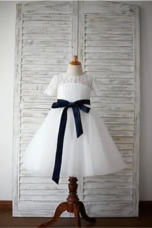 A-line Scoop 1/2 Sleeves Navy Sash Floor-Length Tulle Flower Girl Dress OK726