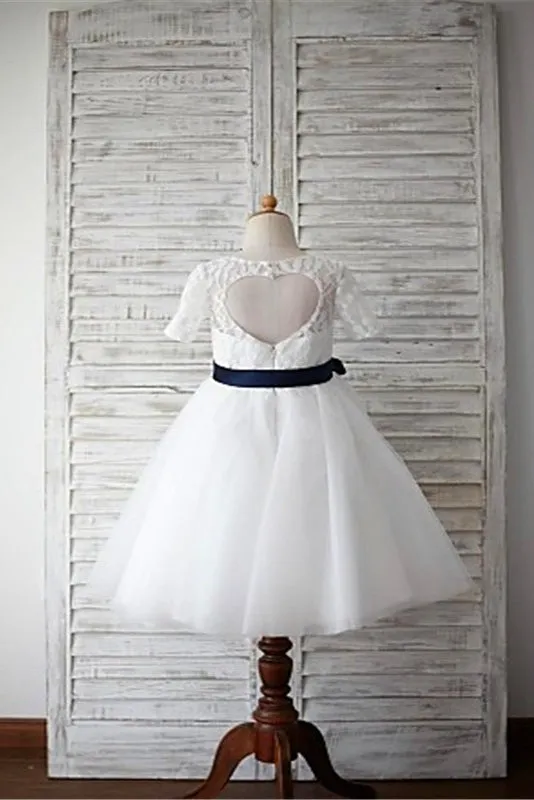 A-line Scoop 1/2 Sleeves Navy Sash Floor-Length Tulle Flower Girl Dress OK726
