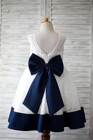 A-line Scoop Sleeveless Bowknot Floor-Length Lace Flower Girl Dress With Navy Sash OK723