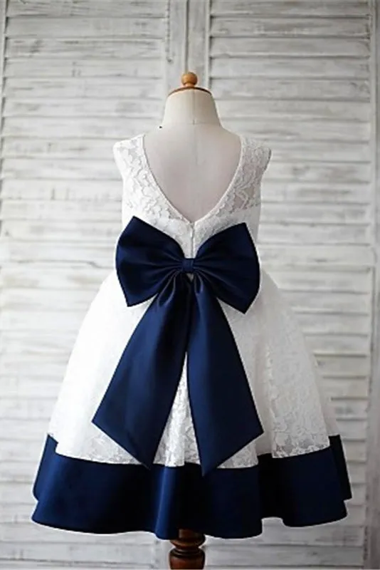 A-line Scoop Sleeveless Bowknot Floor-Length Lace Flower Girl Dress With Navy Sash OK723