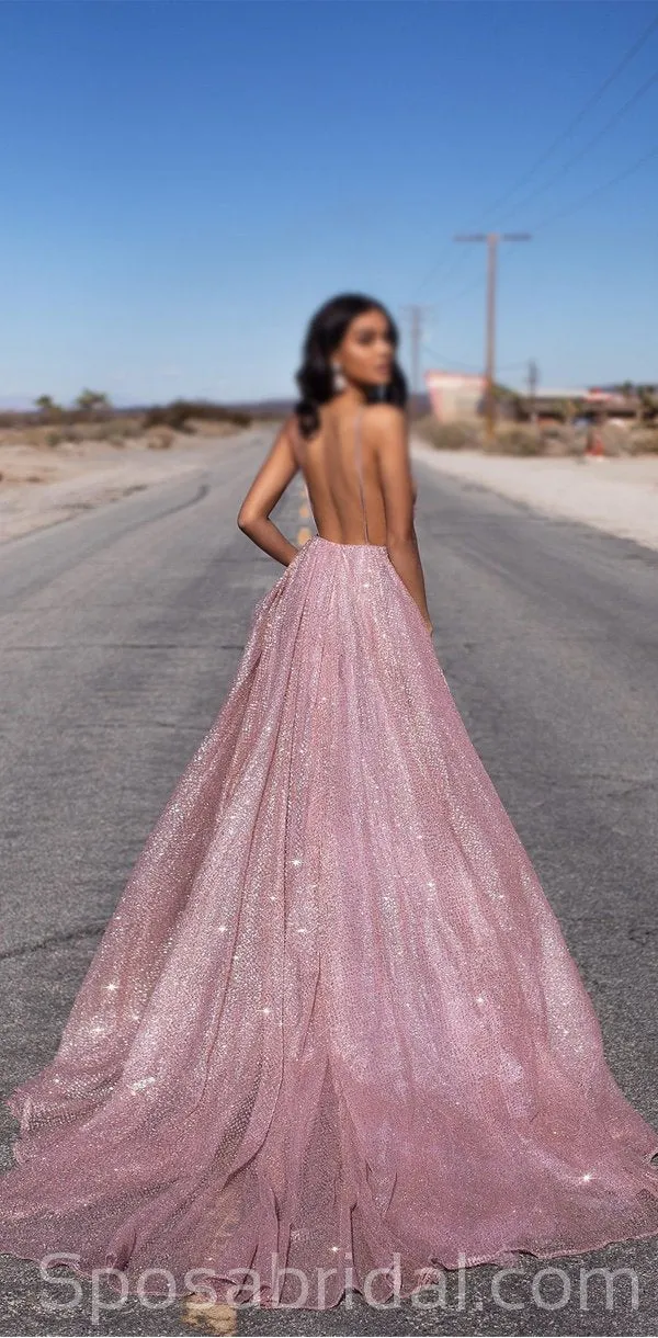 A-line Sequin Spaghetti Straps Rose Gold Long Prom Dresses, Fashion Modest Prom Dress, PD1367