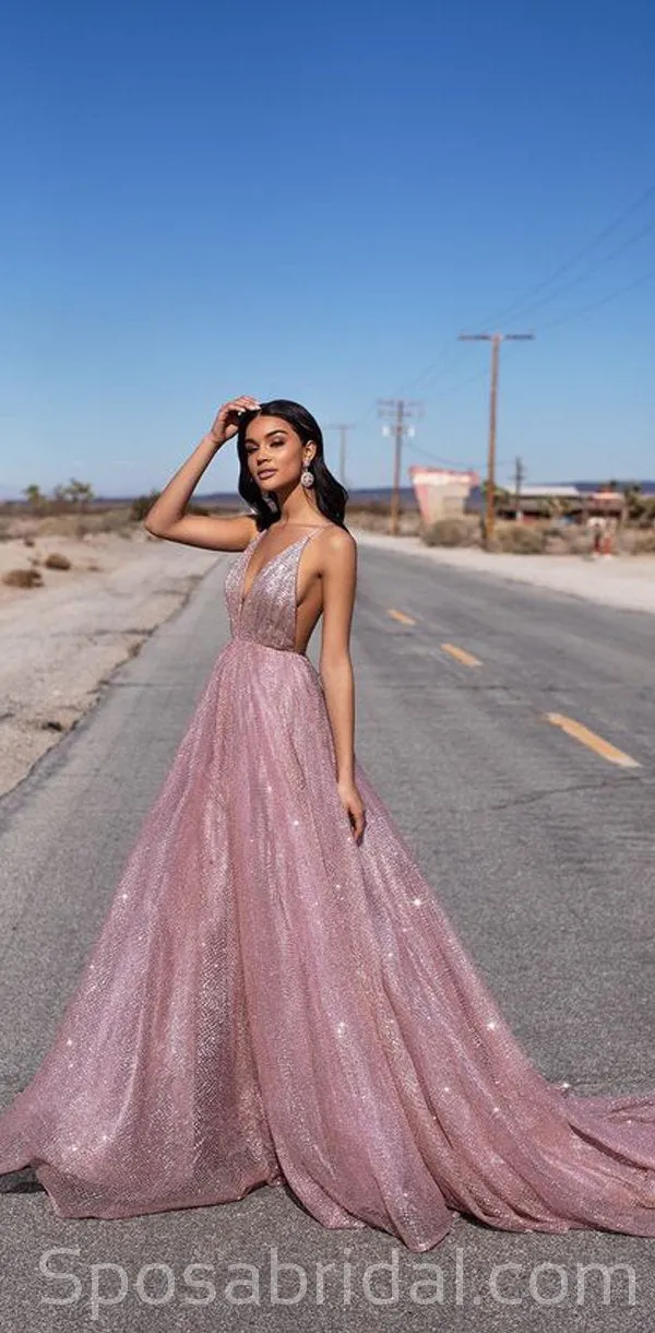 A-line Sequin Spaghetti Straps Rose Gold Long Prom Dresses, Fashion Modest Prom Dress, PD1367