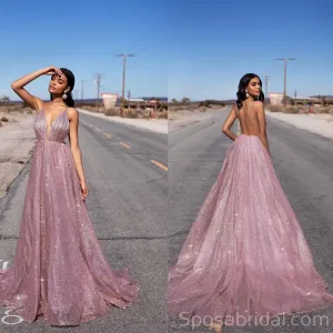 A-line Sequin Spaghetti Straps Rose Gold Long Prom Dresses, Fashion Modest Prom Dress, PD1367