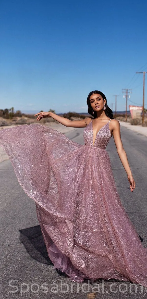 A-line Sequin Spaghetti Straps Rose Gold Long Prom Dresses, Fashion Modest Prom Dress, PD1367