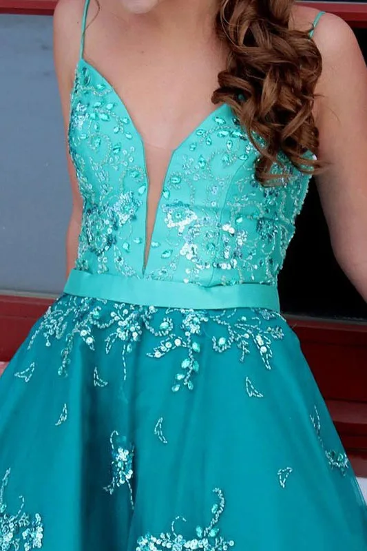 A Line Spaghetti Straps Appliques Homecoming Dresses OKN37