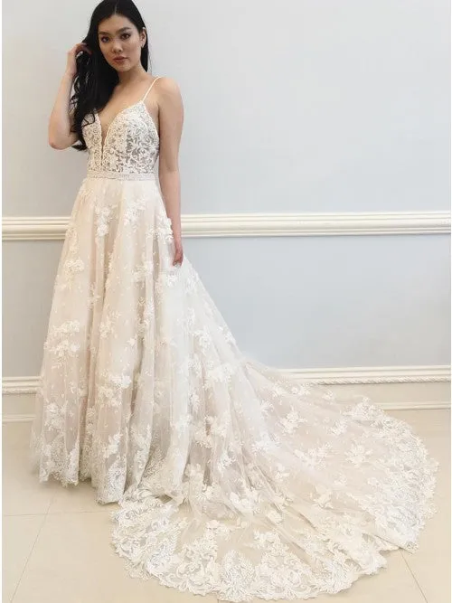 A-Line Spaghetti Straps Off White Wedding Dresses with Appliques OKK39