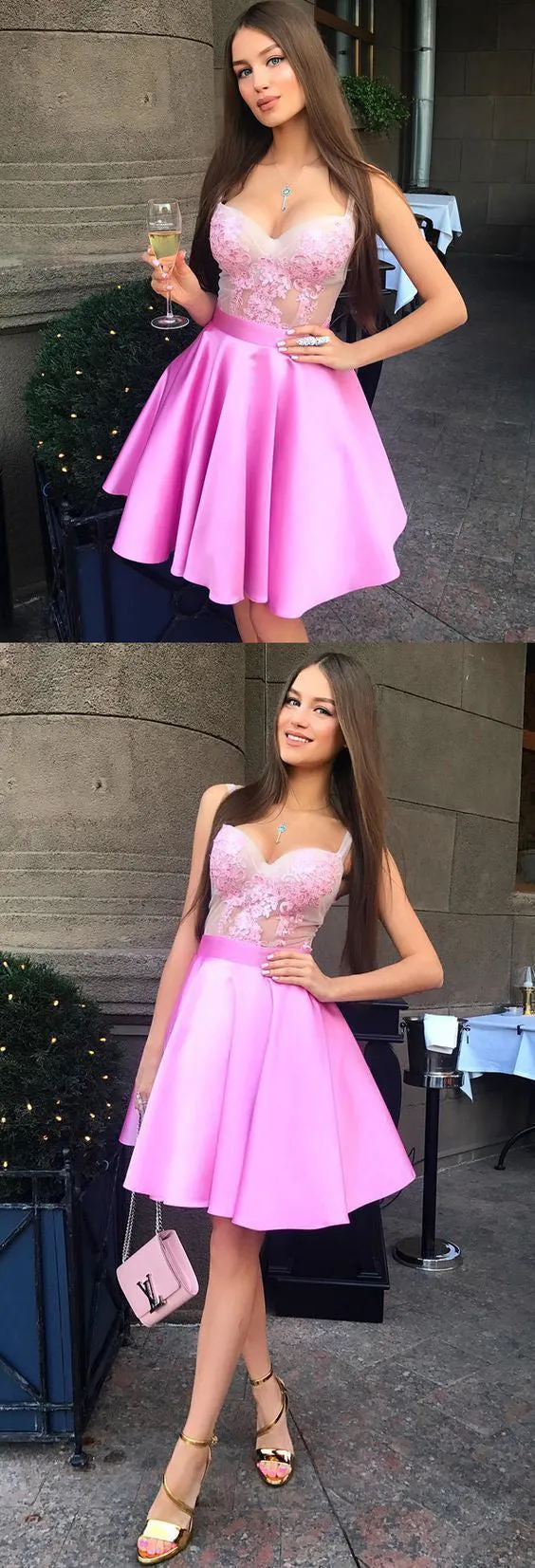 A-Line Spaghetti Straps Pink Satin Homecoming Dresses with Appliques,Cheap Short Prom Dress OKC37