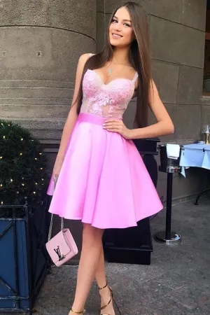 A-Line Spaghetti Straps Pink Satin Homecoming Dresses with Appliques,Cheap Short Prom Dress OKC37