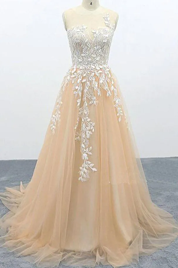 A Line Tulle Lace Appliques Sweep Train Evening Dress Senior Prom Dress OKS1