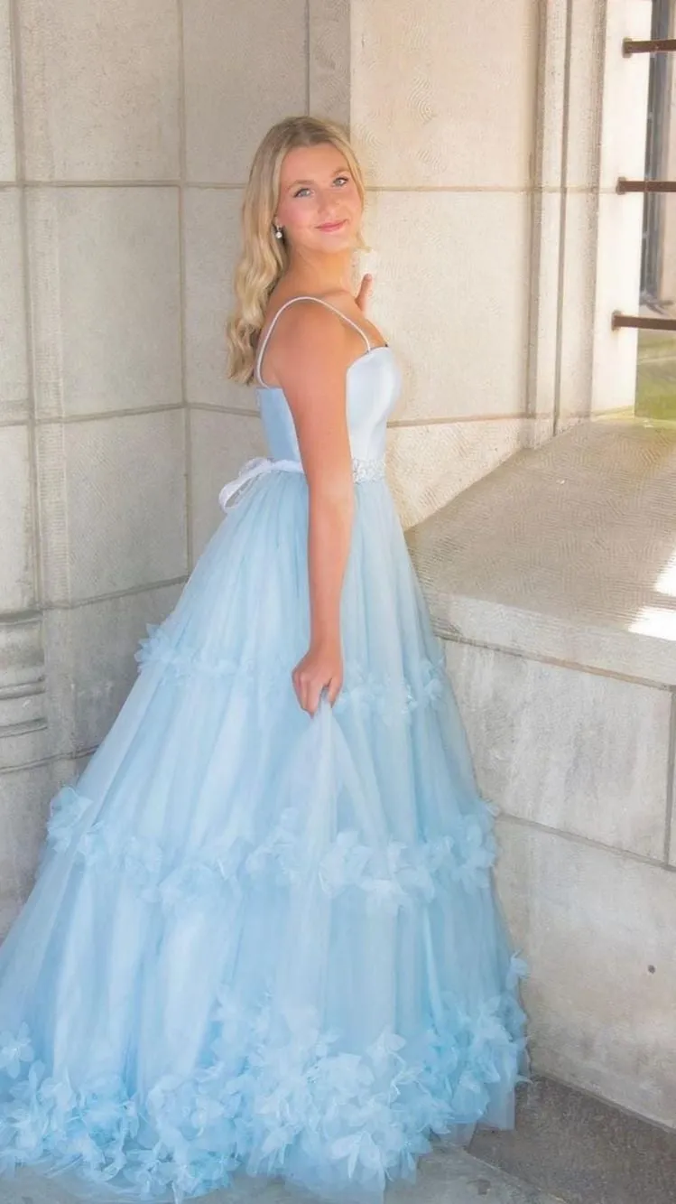 A Line Tulle Sky Blue Long Prom Dress Princess Formal Evening Dress OK1256