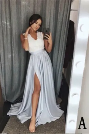A-Line V-Neck Elastic Satin Long Split Prom Dresses with Lace Top OKB23