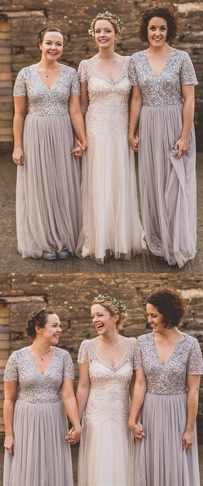 A-line V-neck Short Sleeves Sequin Top Long Tulle Bridesmaid Dresses, BD0594