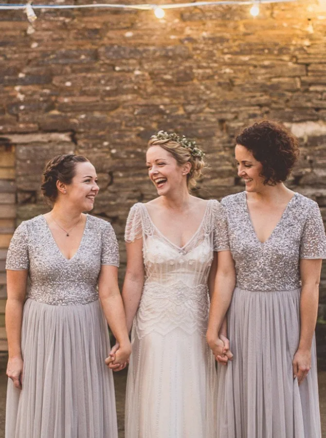 A-line V-neck Short Sleeves Sequin Top Long Tulle Bridesmaid Dresses, BD0594