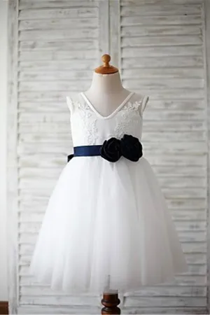 A-line V-neck Sleeveless Appliques Flower Floor-Length Tulle Flower Girl Dress OK720