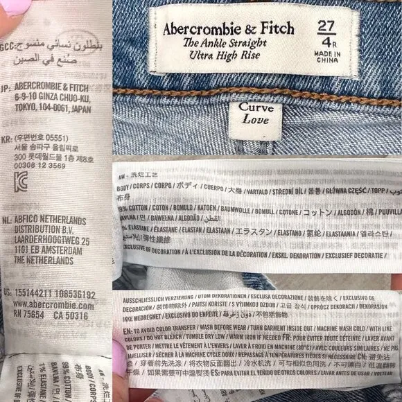 Abercrombie &amp; Fitch The Ankle Straight Ultra High Rise in Light Wash Denim Sz 27