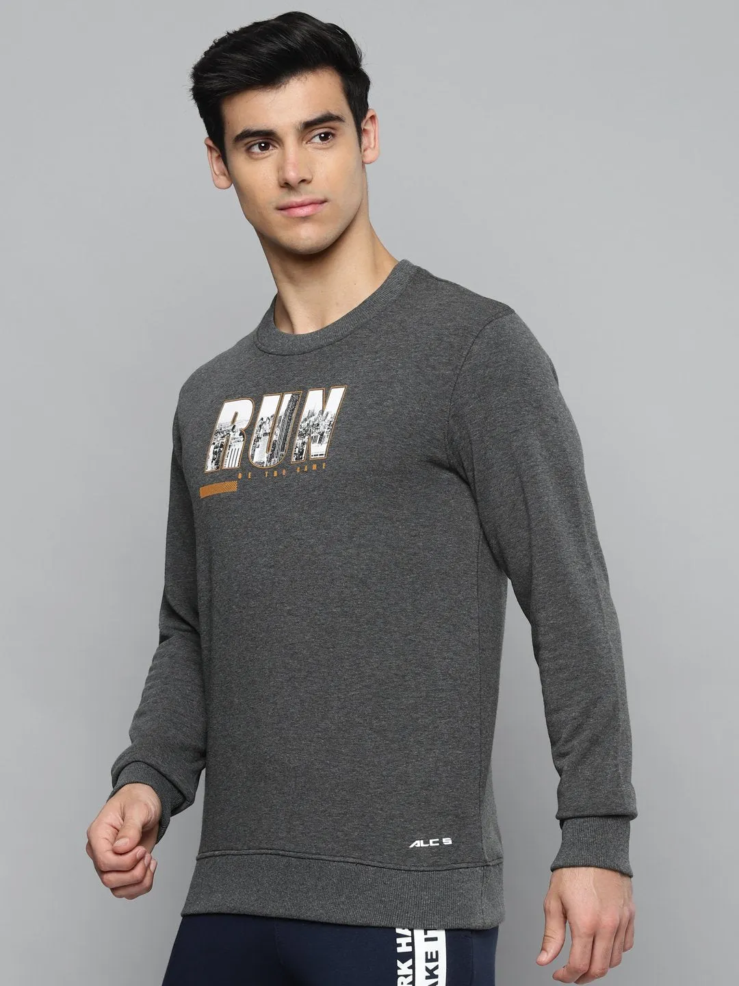 Alcis Men Charcoal Grey & White Typography Printed Cotton Sweatshirt