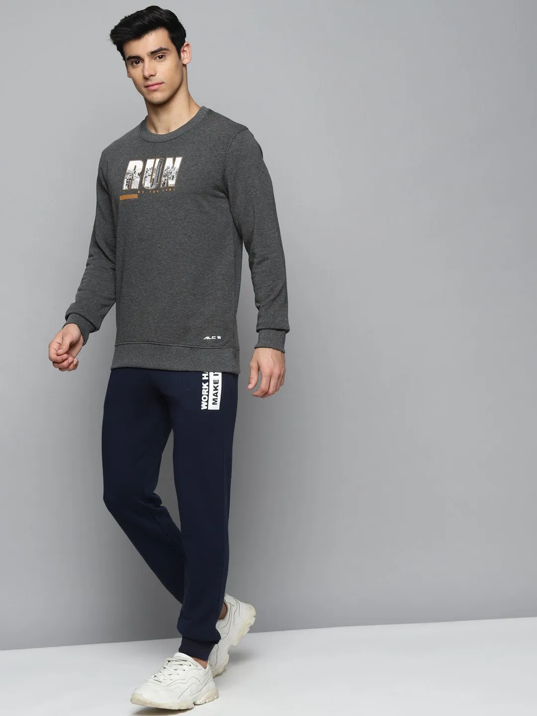 Alcis Men Charcoal Grey & White Typography Printed Cotton Sweatshirt