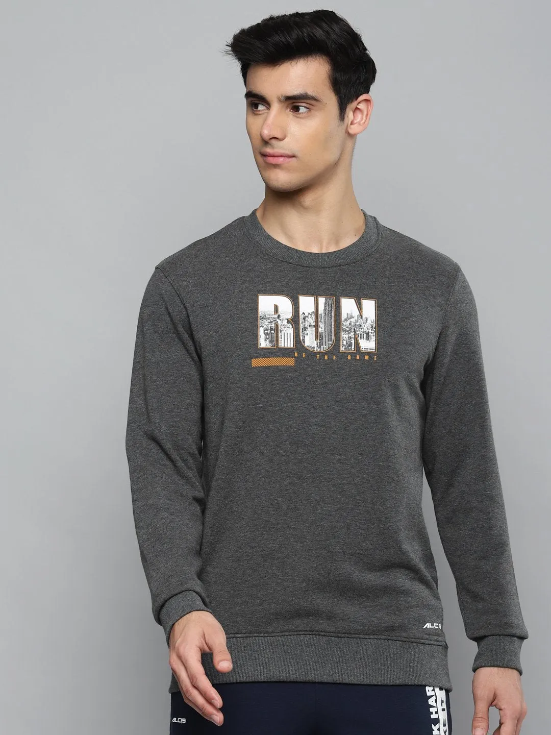 Alcis Men Charcoal Grey & White Typography Printed Cotton Sweatshirt