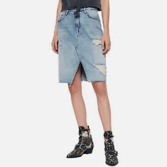 All Saints Alfie Denim Jean Cotton Pencil Skirt Indigo Lite Blue Distressed 2
