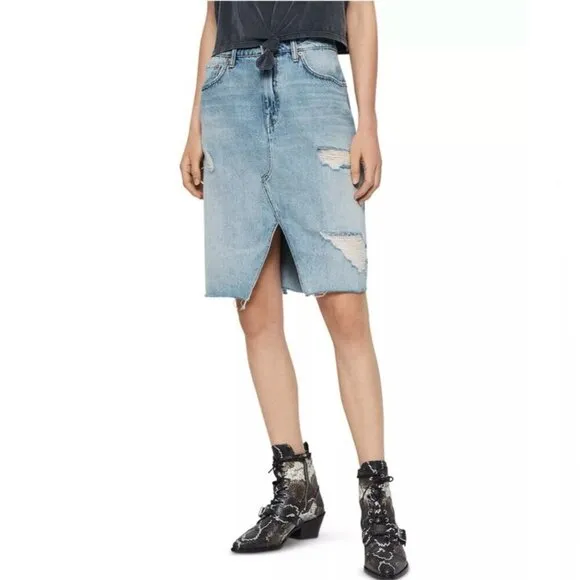 All Saints Alfie Denim Jean Cotton Pencil Skirt Indigo Lite Blue Distressed 2