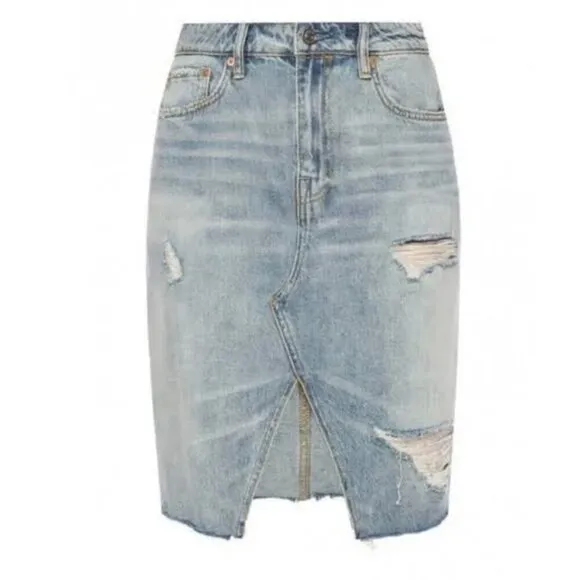 All Saints Alfie Denim Jean Cotton Pencil Skirt Indigo Lite Blue Distressed 2