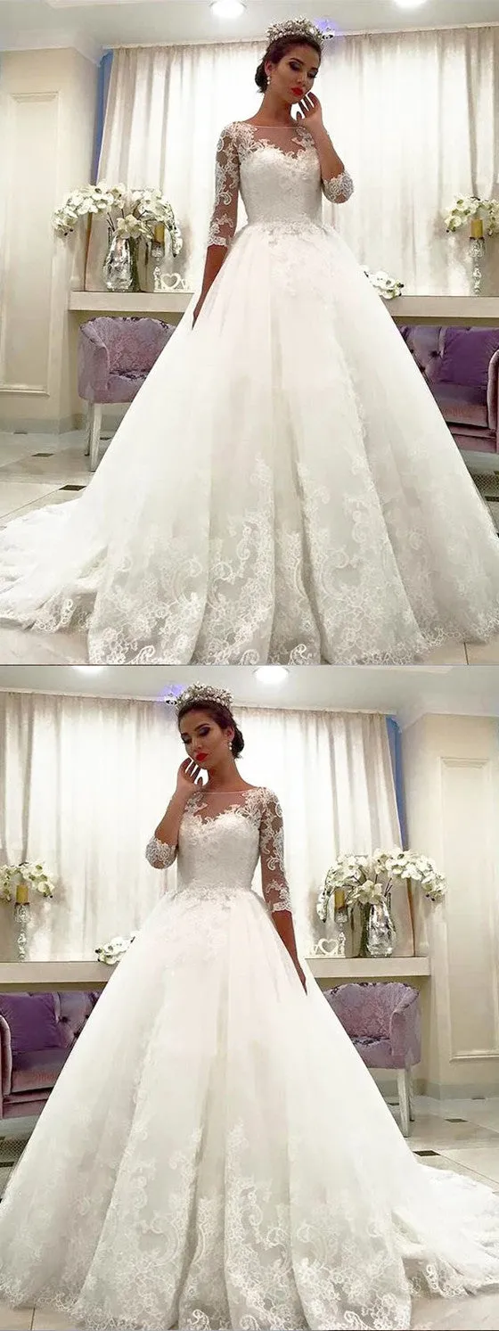 Amazing 3/4 Sleeves Lace Bateau Neck Ball gown, Wedding Dresses With Train, WD0407