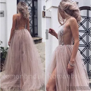 Amazing Hot Sexy Beaded Open Back Tulle Split Long Evening Prom Dresses Cheap Prom Dresses, PD0487