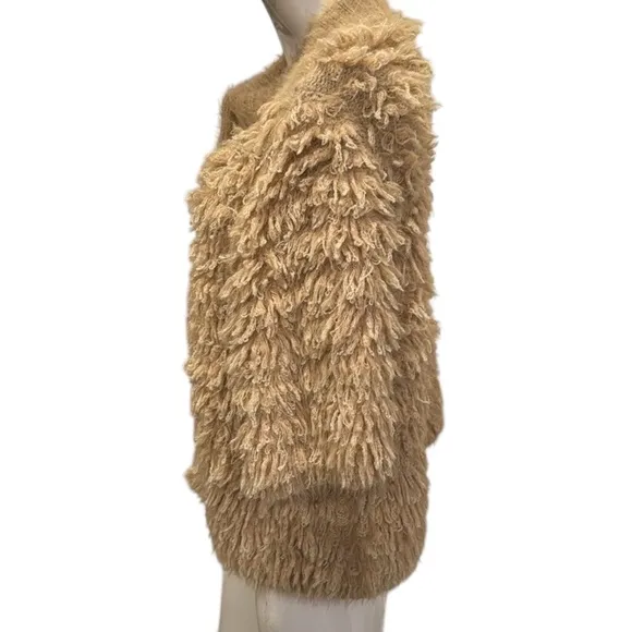 Anthroplogie Knitted &amp; Knotted Talah Tan Shag  Fringe Cardigan Sweater Size M