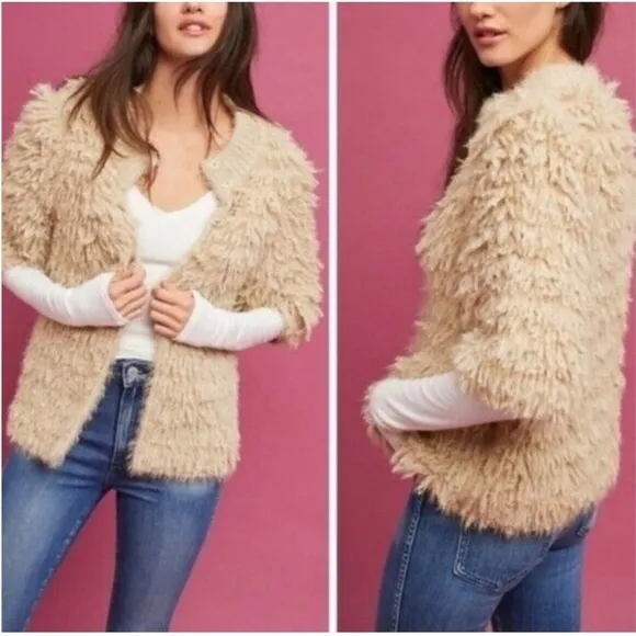 Anthroplogie Knitted &amp; Knotted Talah Tan Shag  Fringe Cardigan Sweater Size M