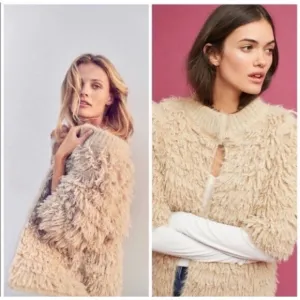 Anthroplogie Knitted &amp; Knotted Talah Tan Shag  Fringe Cardigan Sweater Size M