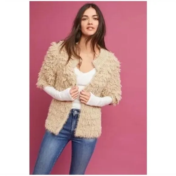 Anthroplogie Knitted &amp; Knotted Talah Tan Shag  Fringe Cardigan Sweater Size M