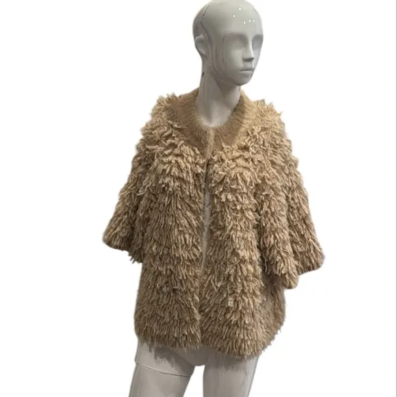 Anthroplogie Knitted &amp; Knotted Talah Tan Shag  Fringe Cardigan Sweater Size M