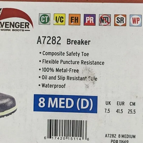 Avenger Breaker Safety Toe Work Boots, Black Leather, Men's 8 M