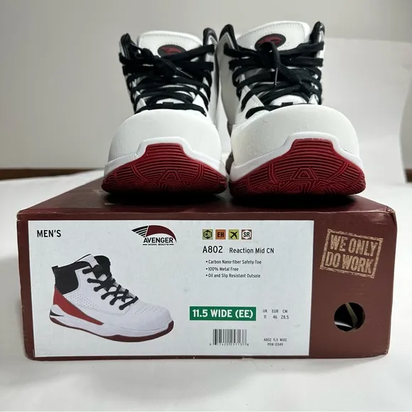 Avenger Reaction Mid Safety Toe Lace-Up Work Boots Mens 11,5 Wide EE White/Red