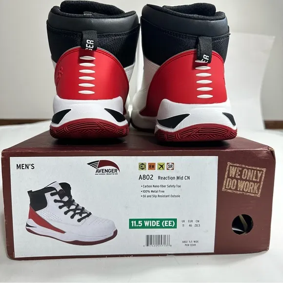 Avenger Reaction Mid Safety Toe Lace-Up Work Boots Mens 11,5 Wide EE White/Red