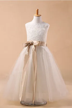 Ball Gown Jewel Sleeveless Bowknot Long Tulle Flower Girl Dress With Sash OK702