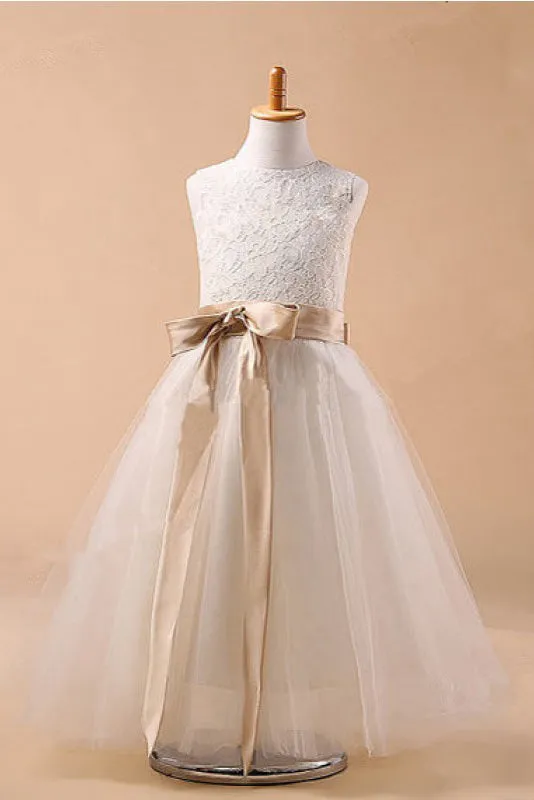 Ball Gown Jewel Sleeveless Bowknot Long Tulle Flower Girl Dress With Sash OK702