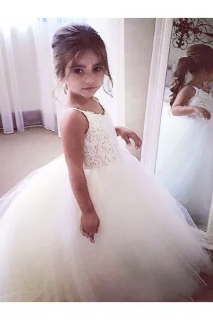 Ball Gown Round Neck Sleeveless Lace Floor-Length Tulle Flower Girl Dress OK709