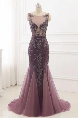 Beading Scoop Mermaid Sweep Train Tulle  Long Cheap Prom Dresses OKG25