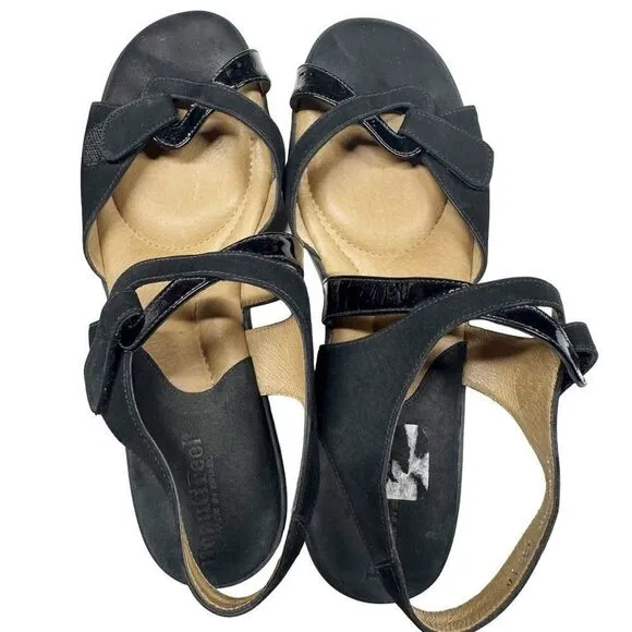 Beautifeel Maggiore Black Leather Strappy Sandals Low Wedge Heel Womens Size 39