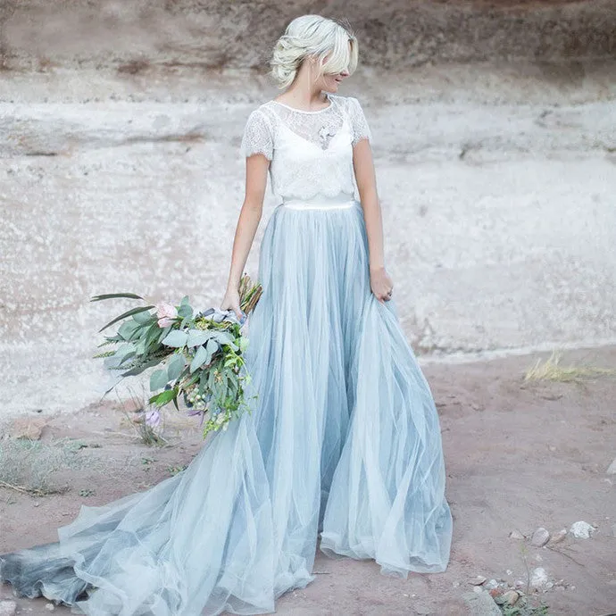 Beautiful lace Top Short Sleeves Prom Dress, A Line Cheap Wedding Dress OKG4