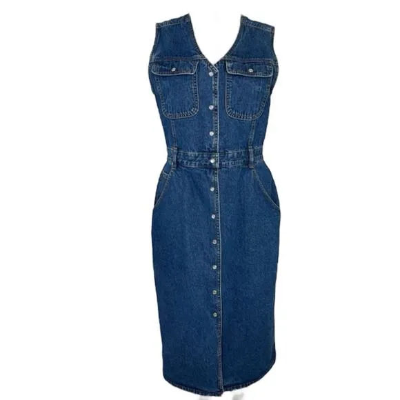 Bill Blass Vintage Denim Midi Dress Pearl snap buttons Western Casual Size 10