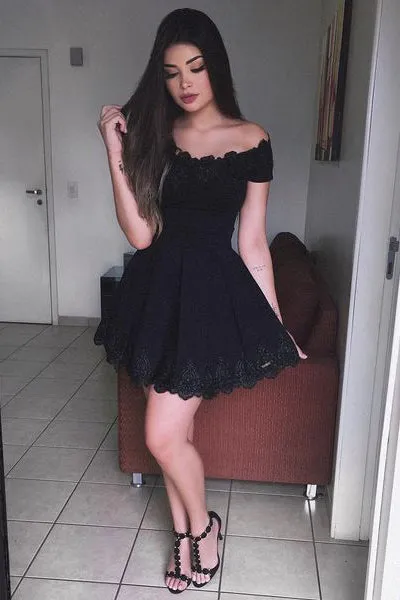 Black A-Line Off-The-Shoulder Homecoming Dress,Short Prom Dress,Graduation Dresses OK437
