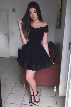 Black A-Line Off-The-Shoulder Homecoming Dress,Short Prom Dress,Graduation Dresses OK437