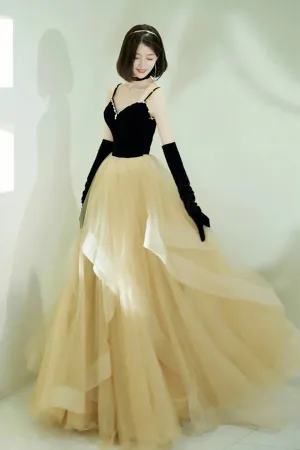 Black A Line Tulle Long Prom Dresses, Spaghetti Straps Evening Party Dresses OK1921