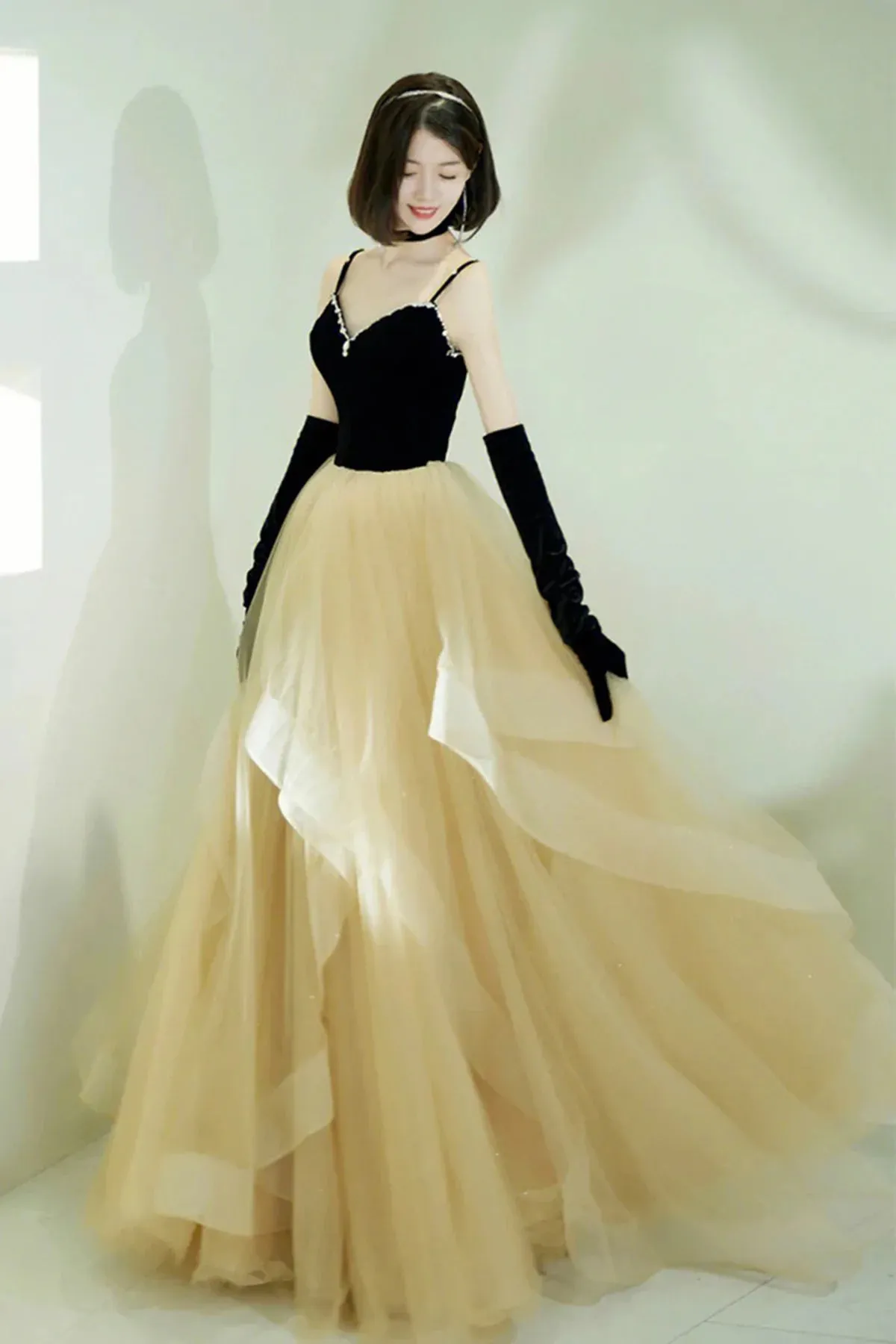 Black A Line Tulle Long Prom Dresses, Spaghetti Straps Evening Party Dresses OK1921